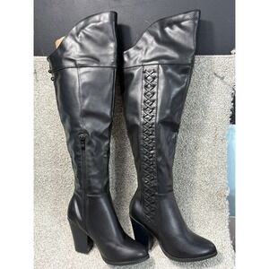 Women's Black Knee-High heeled Boots Lace Back Side Zip size 6